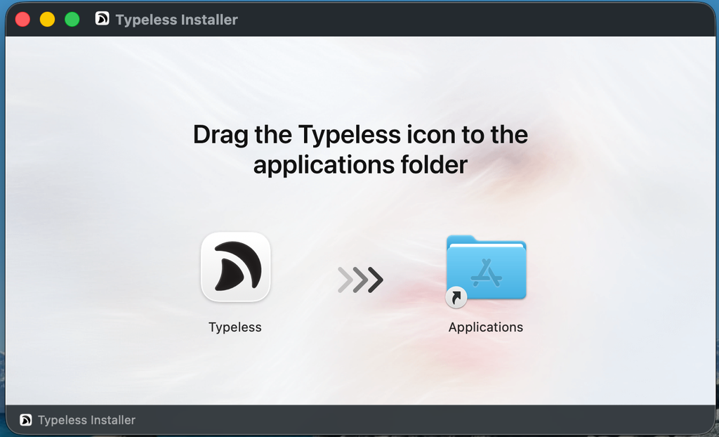 Typeless.dmgを開いた画面。TypelessのアイコンをApplicationsフォルダにドラッグするよう案内されている